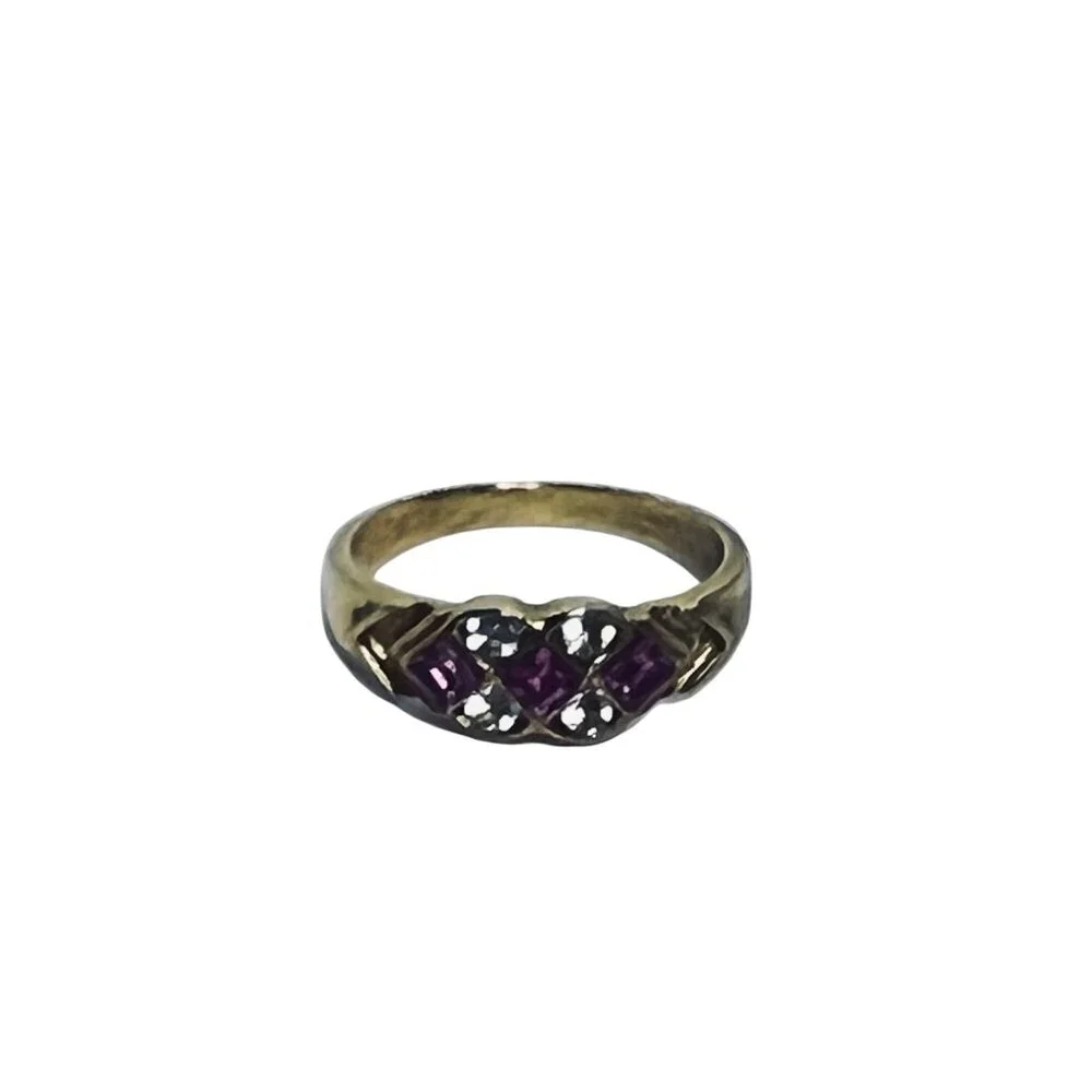 Vintage Gold Tone Band Ring With Pink And Clear Rhinestones (R389) - Picture 5 of 7